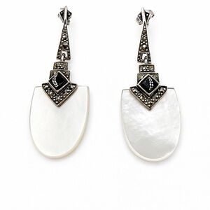 Art Deco Mother of Pearl, Onyx, Marcasite Sterling Silver Dangle Earrings 2 in